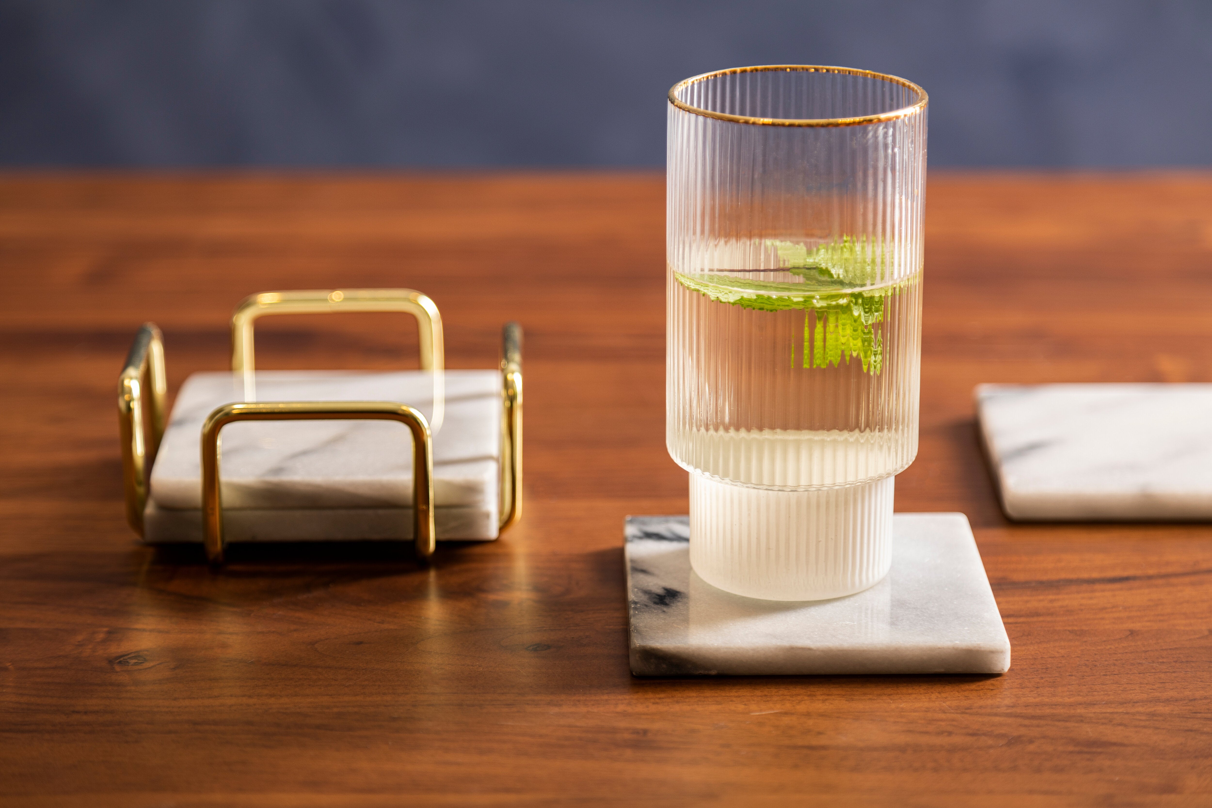 Set of 4 Trevi White Marble Coasters with Brass Finish Holder